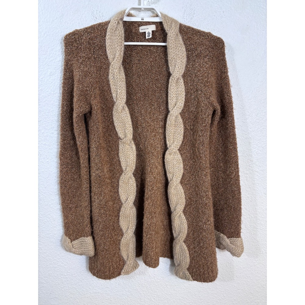 Sleeping on Snow Cardigan Womens Medium Brown Cable Knit Trim Sweater